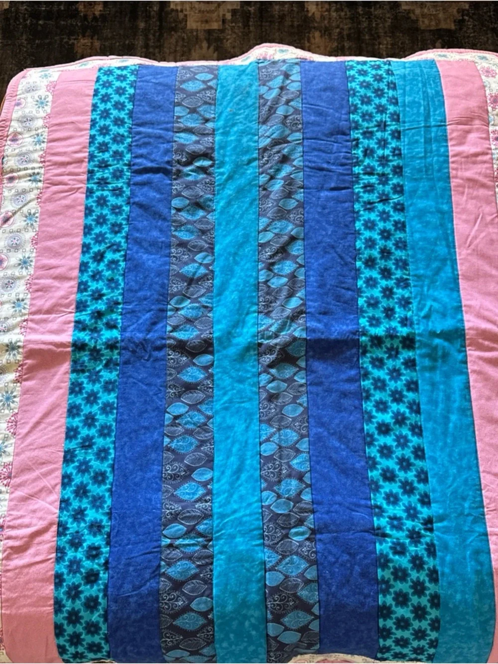 Handmade Patchwork Quilt Throw Multicolor Blue Pink Reversible Cotton Blanket
